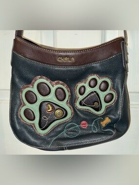 Chala Black Leather Paw Appliqué Crossbody Bag with Brown Trim and Mint Accents